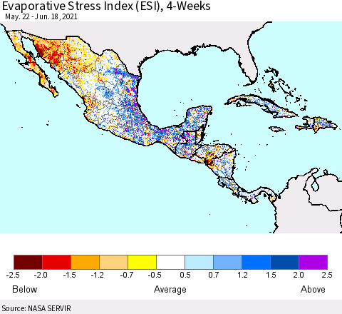 Mexico Central America and the Caribbean Evaporative Stress Index (ESI), 4-Weeks Thematic Map For 6/14/2021 - 6/20/2021