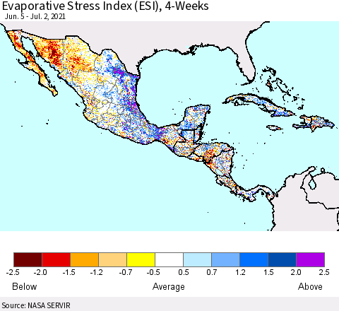 Mexico Central America and the Caribbean Evaporative Stress Index (ESI), 4-Weeks Thematic Map For 6/28/2021 - 7/4/2021