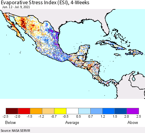 Mexico Central America and the Caribbean Evaporative Stress Index (ESI), 4-Weeks Thematic Map For 7/5/2021 - 7/11/2021