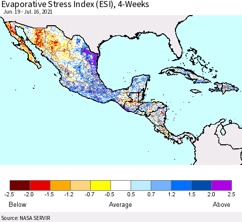 Mexico Central America and the Caribbean Evaporative Stress Index (ESI), 4-Weeks Thematic Map For 7/12/2021 - 7/18/2021