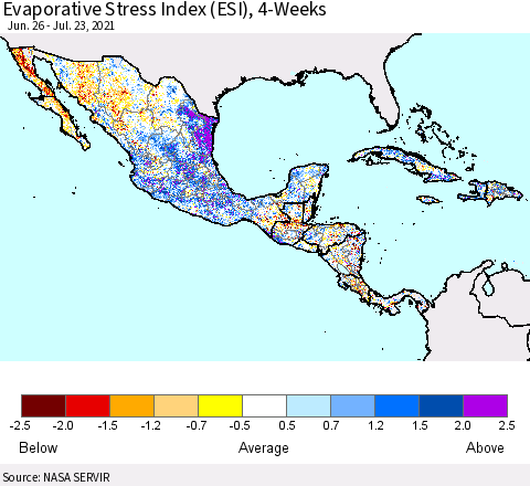 Mexico Central America and the Caribbean Evaporative Stress Index (ESI), 4-Weeks Thematic Map For 7/19/2021 - 7/25/2021