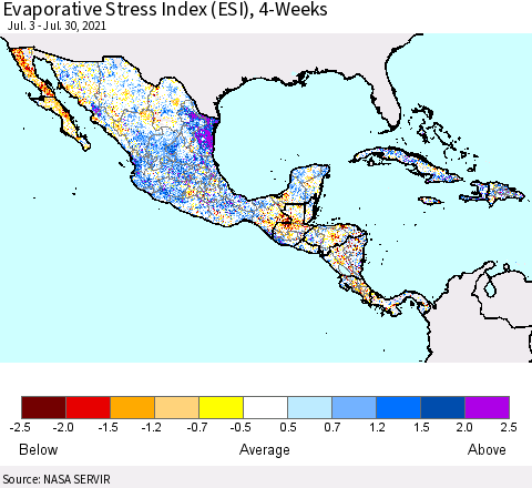 Mexico Central America and the Caribbean Evaporative Stress Index (ESI), 4-Weeks Thematic Map For 7/26/2021 - 8/1/2021