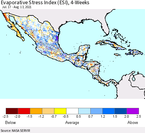 Mexico Central America and the Caribbean Evaporative Stress Index (ESI), 4-Weeks Thematic Map For 8/9/2021 - 8/15/2021