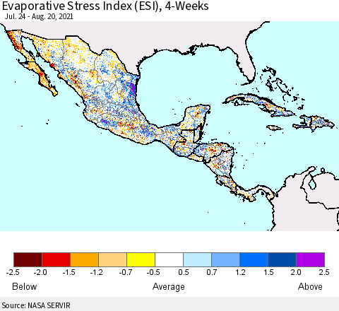 Mexico Central America and the Caribbean Evaporative Stress Index (ESI), 4-Weeks Thematic Map For 8/16/2021 - 8/22/2021