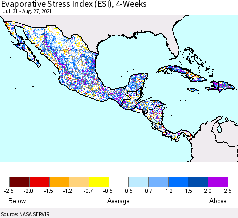 Mexico Central America and the Caribbean Evaporative Stress Index (ESI), 4-Weeks Thematic Map For 8/23/2021 - 8/29/2021