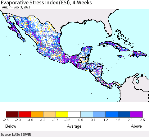 Mexico Central America and the Caribbean Evaporative Stress Index (ESI), 4-Weeks Thematic Map For 8/30/2021 - 9/5/2021