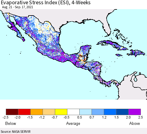 Mexico Central America and the Caribbean Evaporative Stress Index (ESI), 4-Weeks Thematic Map For 9/13/2021 - 9/19/2021