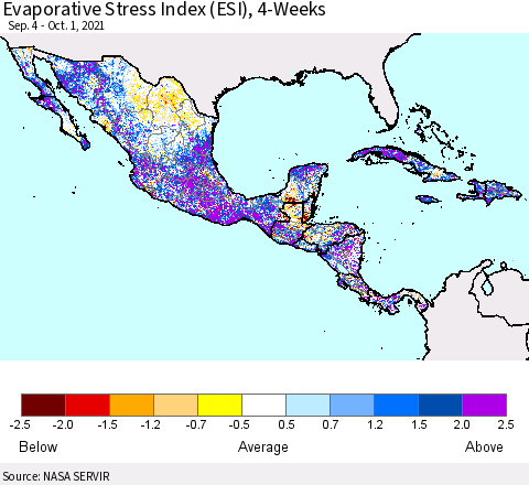 Mexico Central America and the Caribbean Evaporative Stress Index (ESI), 4-Weeks Thematic Map For 9/27/2021 - 10/3/2021