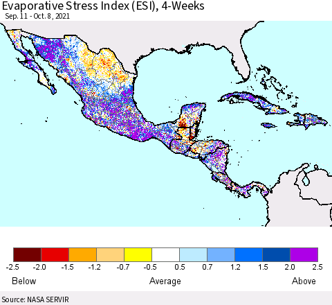 Mexico Central America and the Caribbean Evaporative Stress Index (ESI), 4-Weeks Thematic Map For 10/4/2021 - 10/10/2021