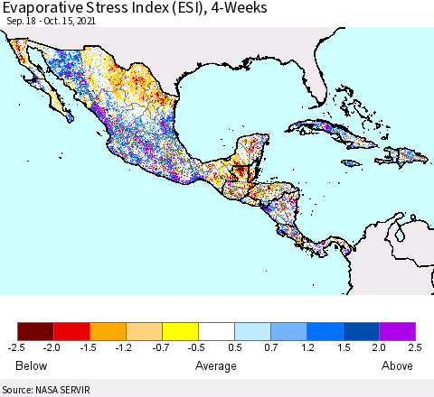 Mexico Central America and the Caribbean Evaporative Stress Index (ESI), 4-Weeks Thematic Map For 10/11/2021 - 10/17/2021