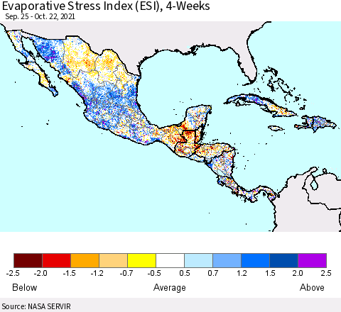 Mexico Central America and the Caribbean Evaporative Stress Index (ESI), 4-Weeks Thematic Map For 10/18/2021 - 10/24/2021