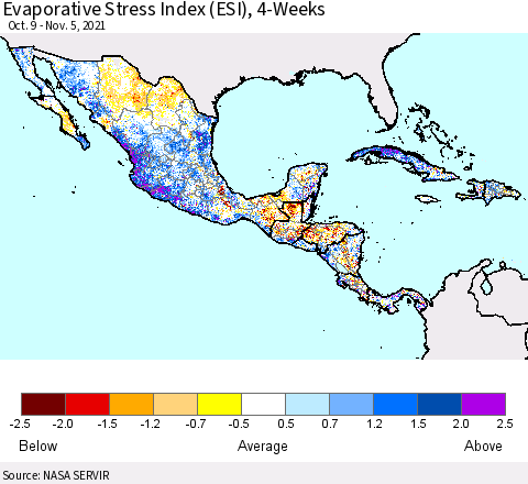 Mexico Central America and the Caribbean Evaporative Stress Index (ESI), 4-Weeks Thematic Map For 11/1/2021 - 11/7/2021