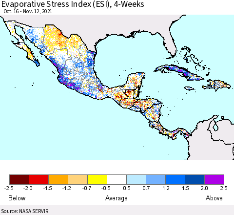 Mexico Central America and the Caribbean Evaporative Stress Index (ESI), 4-Weeks Thematic Map For 11/8/2021 - 11/14/2021