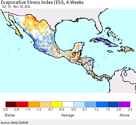 Mexico Central America and the Caribbean Evaporative Stress Index (ESI), 4-Weeks Thematic Map For 11/15/2021 - 11/21/2021
