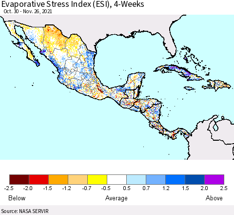 Mexico Central America and the Caribbean Evaporative Stress Index (ESI), 4-Weeks Thematic Map For 11/22/2021 - 11/28/2021