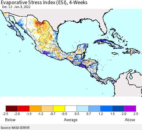 Mexico Central America and the Caribbean Evaporative Stress Index (ESI), 4-Weeks Thematic Map For 1/3/2022 - 1/9/2022