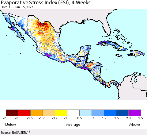 Mexico Central America and the Caribbean Evaporative Stress Index (ESI), 4-Weeks Thematic Map For 1/10/2022 - 1/16/2022
