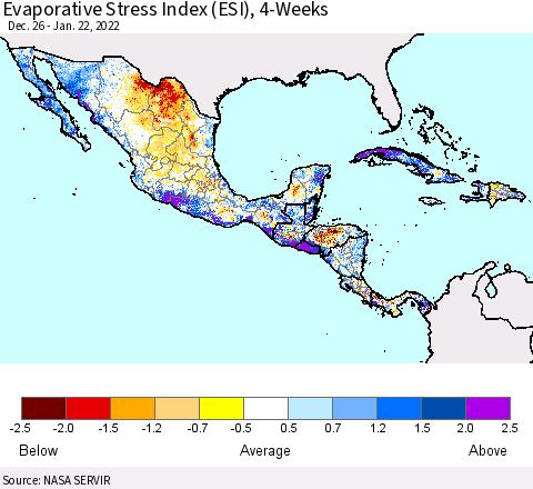 Mexico Central America and the Caribbean Evaporative Stress Index (ESI), 4-Weeks Thematic Map For 1/17/2022 - 1/23/2022