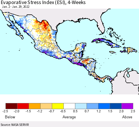 Mexico Central America and the Caribbean Evaporative Stress Index (ESI), 4-Weeks Thematic Map For 1/24/2022 - 1/30/2022