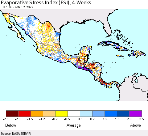 Mexico Central America and the Caribbean Evaporative Stress Index (ESI), 4-Weeks Thematic Map For 2/7/2022 - 2/13/2022
