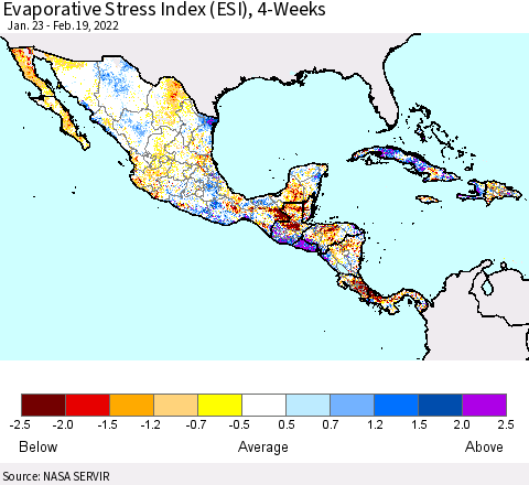 Mexico Central America and the Caribbean Evaporative Stress Index (ESI), 4-Weeks Thematic Map For 2/14/2022 - 2/20/2022