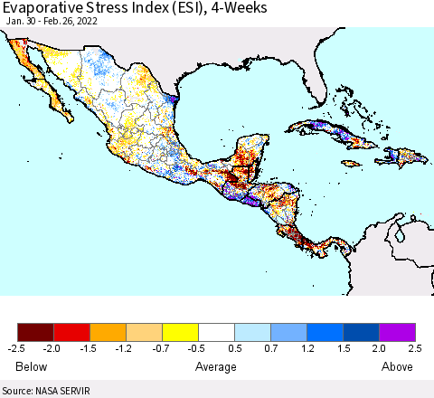 Mexico Central America and the Caribbean Evaporative Stress Index (ESI), 4-Weeks Thematic Map For 2/21/2022 - 2/27/2022