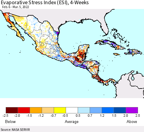 Mexico Central America and the Caribbean Evaporative Stress Index (ESI), 4-Weeks Thematic Map For 2/28/2022 - 3/6/2022