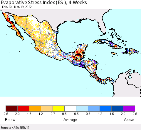 Mexico Central America and the Caribbean Evaporative Stress Index (ESI), 4-Weeks Thematic Map For 3/14/2022 - 3/20/2022