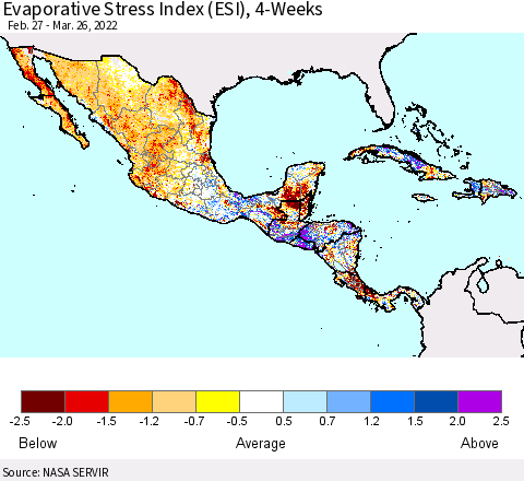 Mexico Central America and the Caribbean Evaporative Stress Index (ESI), 4-Weeks Thematic Map For 3/21/2022 - 3/27/2022