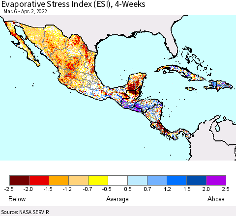 Mexico Central America and the Caribbean Evaporative Stress Index (ESI), 4-Weeks Thematic Map For 3/28/2022 - 4/3/2022