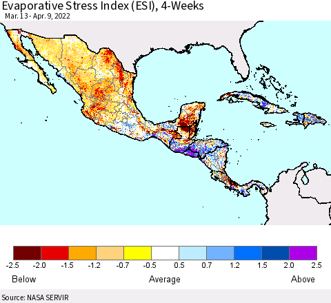 Mexico Central America and the Caribbean Evaporative Stress Index (ESI), 4-Weeks Thematic Map For 4/4/2022 - 4/10/2022