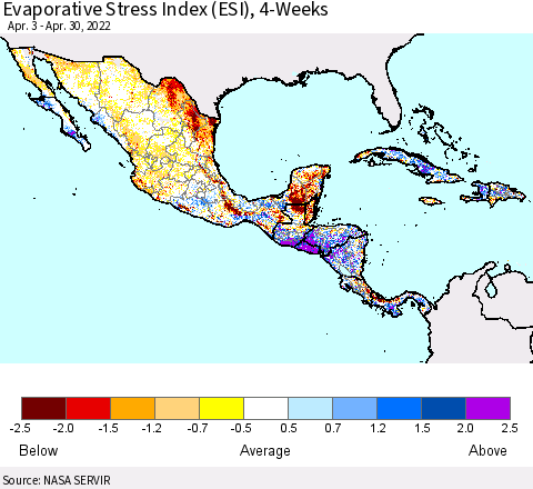 Mexico Central America and the Caribbean Evaporative Stress Index (ESI), 4-Weeks Thematic Map For 4/25/2022 - 5/1/2022