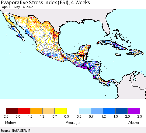 Mexico Central America and the Caribbean Evaporative Stress Index (ESI), 4-Weeks Thematic Map For 5/9/2022 - 5/15/2022