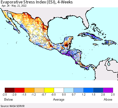 Mexico Central America and the Caribbean Evaporative Stress Index (ESI), 4-Weeks Thematic Map For 5/16/2022 - 5/22/2022