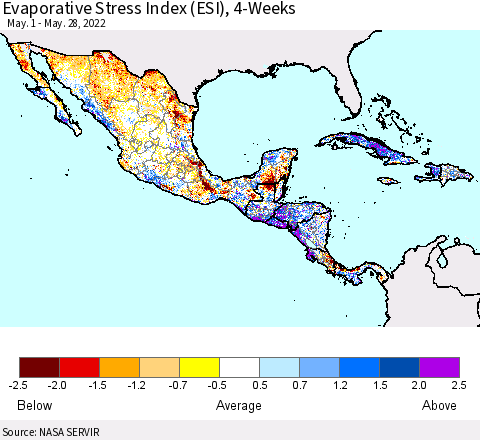 Mexico Central America and the Caribbean Evaporative Stress Index (ESI), 4-Weeks Thematic Map For 5/23/2022 - 5/29/2022