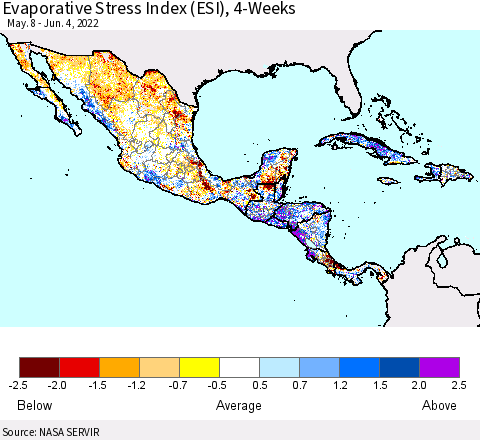 Mexico Central America and the Caribbean Evaporative Stress Index (ESI), 4-Weeks Thematic Map For 5/30/2022 - 6/5/2022