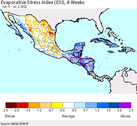 Mexico Central America and the Caribbean Evaporative Stress Index (ESI), 4-Weeks Thematic Map For 6/27/2022 - 7/3/2022