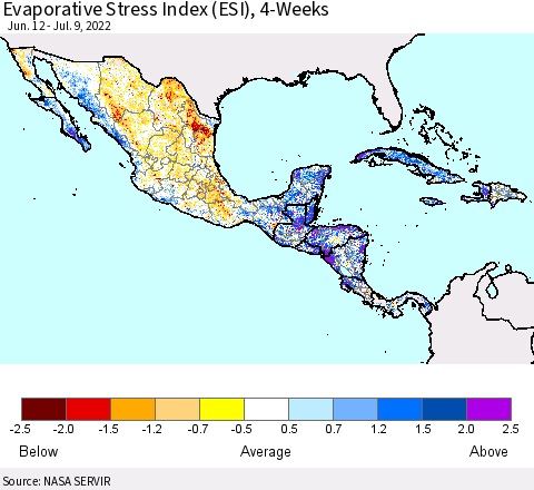Mexico Central America and the Caribbean Evaporative Stress Index (ESI), 4-Weeks Thematic Map For 7/4/2022 - 7/10/2022