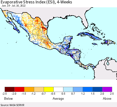 Mexico Central America and the Caribbean Evaporative Stress Index (ESI), 4-Weeks Thematic Map For 7/11/2022 - 7/17/2022