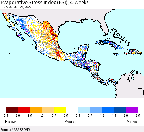 Mexico Central America and the Caribbean Evaporative Stress Index (ESI), 4-Weeks Thematic Map For 7/18/2022 - 7/24/2022