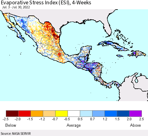 Mexico Central America and the Caribbean Evaporative Stress Index (ESI), 4-Weeks Thematic Map For 7/25/2022 - 7/31/2022