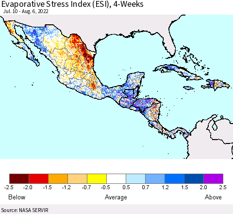 Mexico Central America and the Caribbean Evaporative Stress Index (ESI), 4-Weeks Thematic Map For 8/1/2022 - 8/7/2022