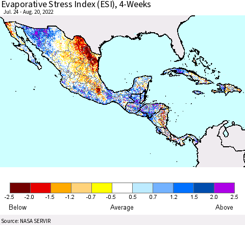 Mexico Central America and the Caribbean Evaporative Stress Index (ESI), 4-Weeks Thematic Map For 8/15/2022 - 8/21/2022