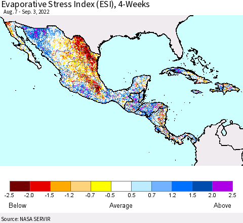 Mexico Central America and the Caribbean Evaporative Stress Index (ESI), 4-Weeks Thematic Map For 8/29/2022 - 9/4/2022