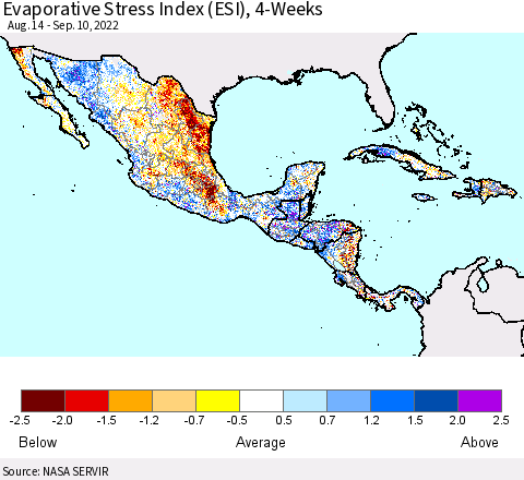Mexico Central America and the Caribbean Evaporative Stress Index (ESI), 4-Weeks Thematic Map For 9/5/2022 - 9/11/2022