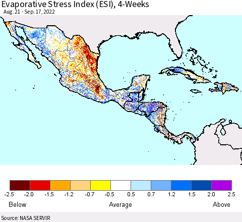 Mexico Central America and the Caribbean Evaporative Stress Index (ESI), 4-Weeks Thematic Map For 9/12/2022 - 9/18/2022