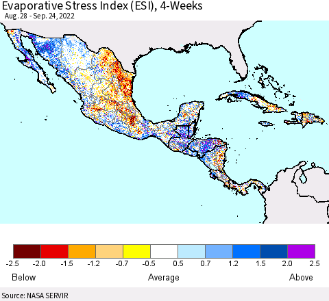 Mexico Central America and the Caribbean Evaporative Stress Index (ESI), 4-Weeks Thematic Map For 9/19/2022 - 9/25/2022
