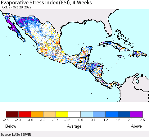 Mexico Central America and the Caribbean Evaporative Stress Index (ESI), 4-Weeks Thematic Map For 10/24/2022 - 10/30/2022
