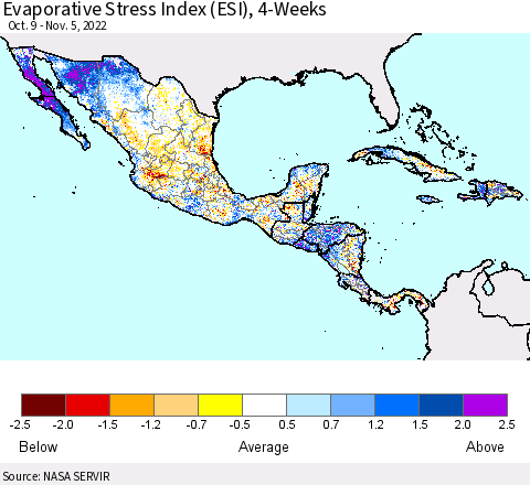 Mexico Central America and the Caribbean Evaporative Stress Index (ESI), 4-Weeks Thematic Map For 10/31/2022 - 11/6/2022