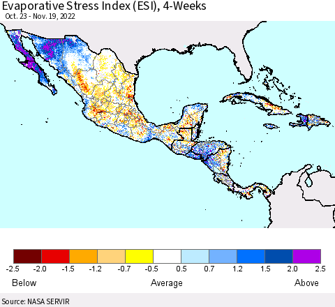Mexico Central America and the Caribbean Evaporative Stress Index (ESI), 4-Weeks Thematic Map For 11/14/2022 - 11/20/2022